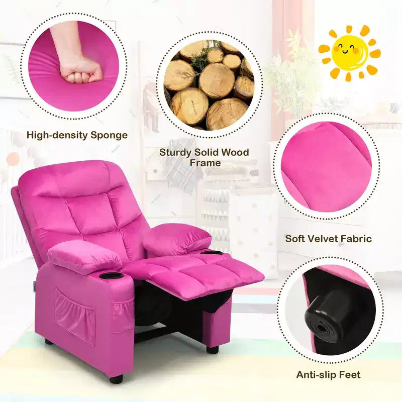 Fauteuil inclinable pour enfants Costway en velours avec porte-gobelet et poche latérale bleu/rose
