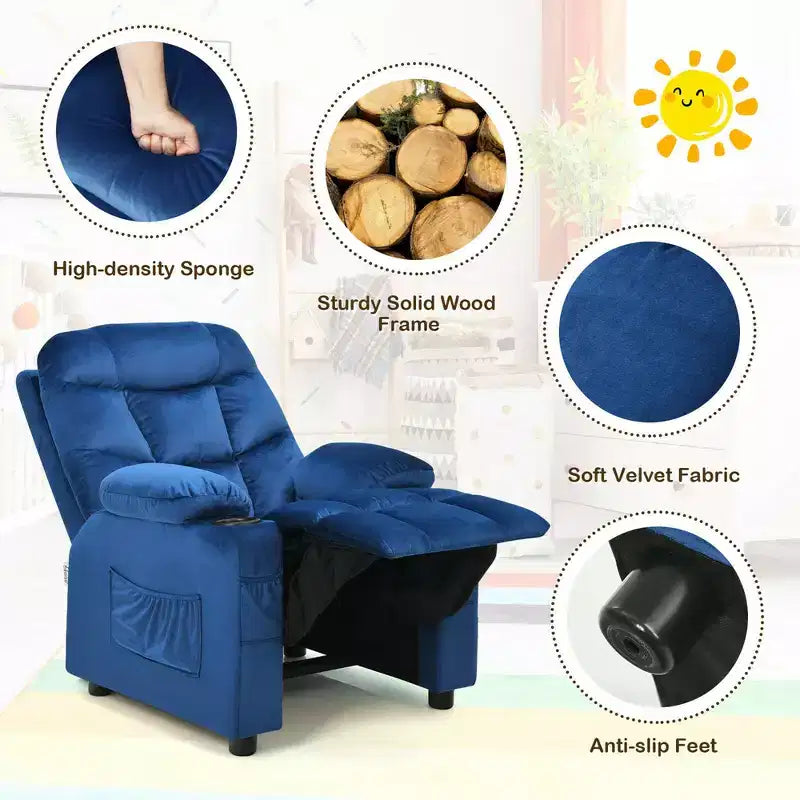 Fauteuil inclinable pour enfants Costway en velours avec porte-gobelet et poche latérale bleu/rose