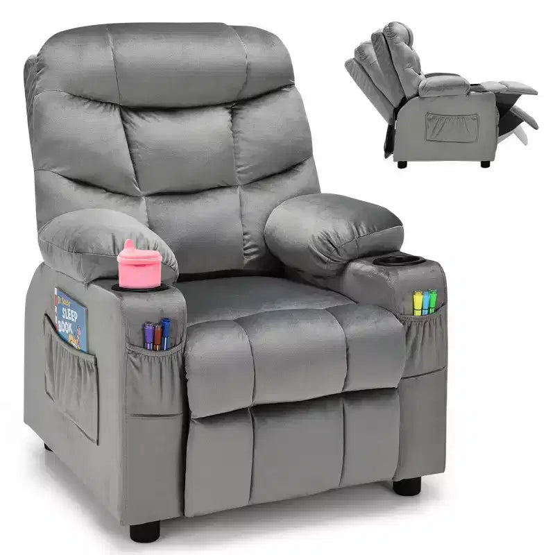 Fauteuil inclinable pour enfants Costway en velours avec porte-gobelet et poche latérale bleu/rose