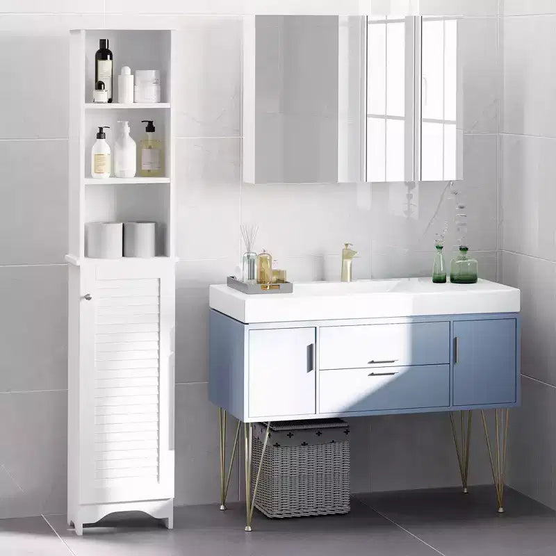 HOMCOM Armoire de Rangement Haute pour Salle de Bain/Colonne de Rangement Autonome avec Étagère Ouverte Réglable à 3 Niveaux et Placard, Blanche