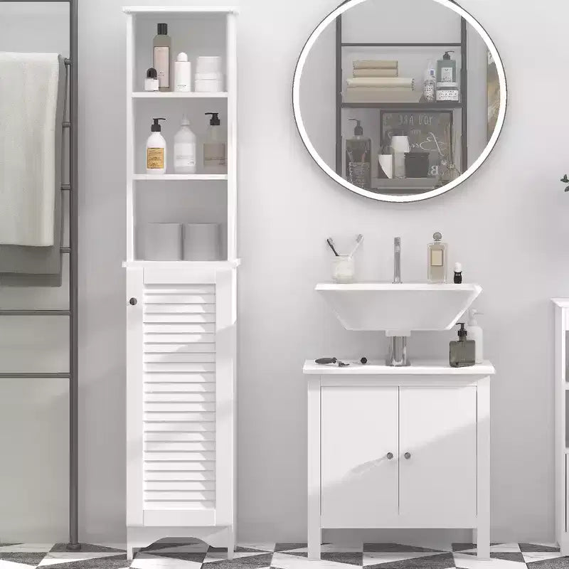 HOMCOM Armoire de Rangement Haute pour Salle de Bain/Colonne de Rangement Autonome avec Étagère Ouverte Réglable à 3 Niveaux et Placard, Blanche