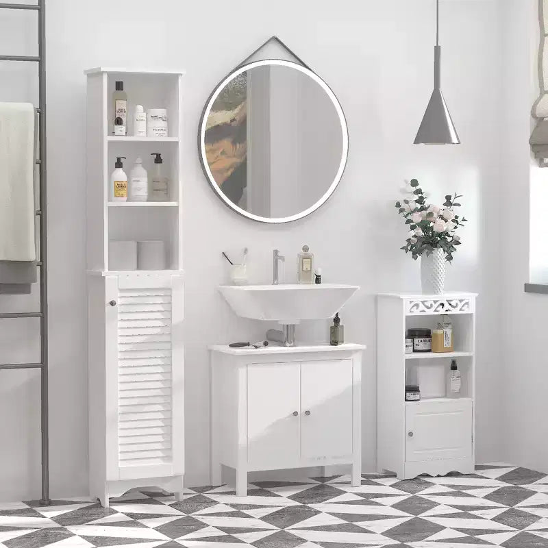 HOMCOM Armoire de Rangement Haute pour Salle de Bain/Colonne de Rangement Autonome avec Étagère Ouverte Réglable à 3 Niveaux et Placard, Blanche