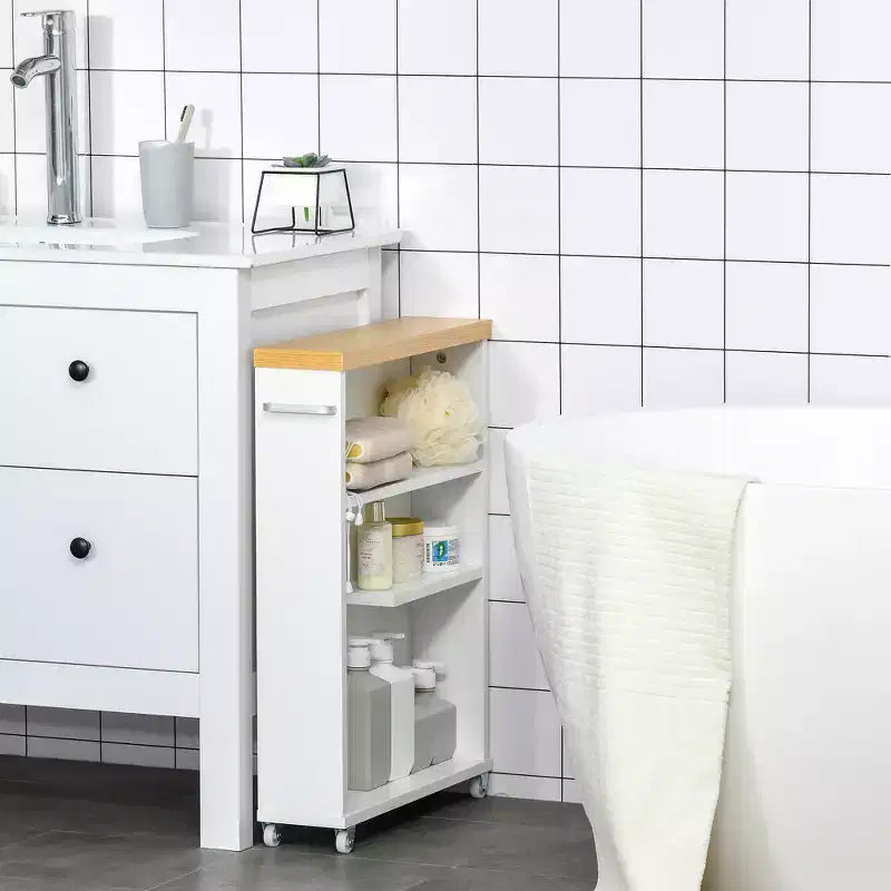 Meuble de salle de bain kleankin fin avec roulettes, organisateur de rangement et étagères en bois pour petits espaces, blanc