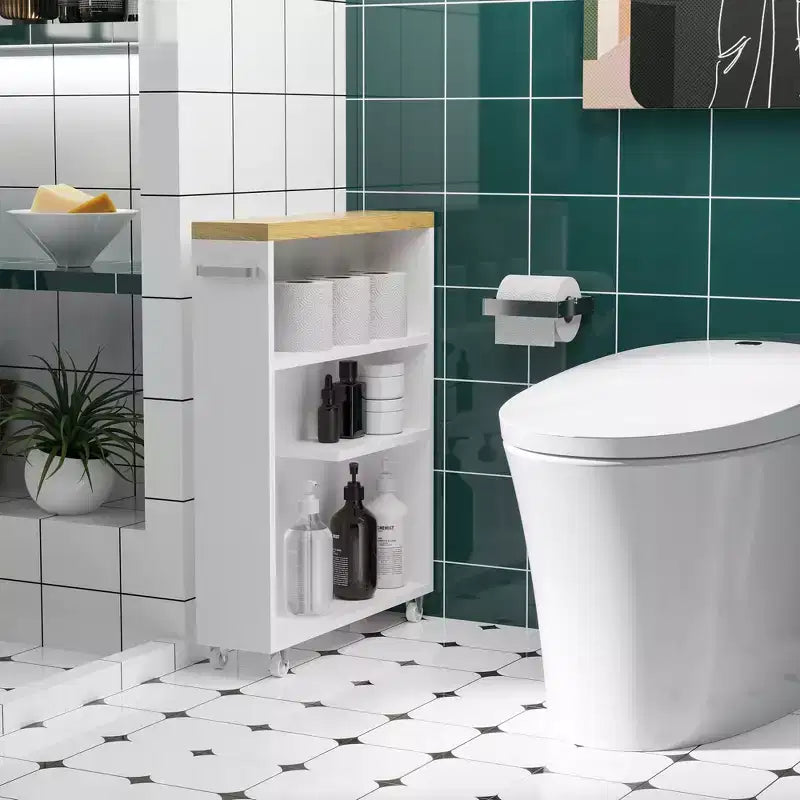 Meuble de salle de bain kleankin fin avec roulettes, organisateur de rangement et étagères en bois pour petits espaces, blanc