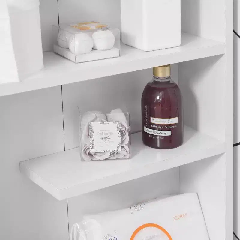 Meuble de salle de bain kleankin fin avec roulettes, organisateur de rangement et étagères en bois pour petits espaces, blanc