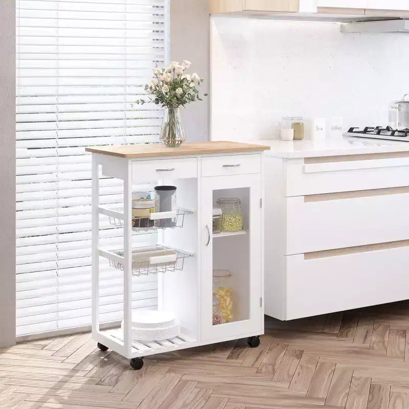HOMCOM Chariot de cuisine roulant 28 po, desserte, armoire de rangement, plateau en bambou, panier en fil métallique, armoire à porte et tiroirs, blanc