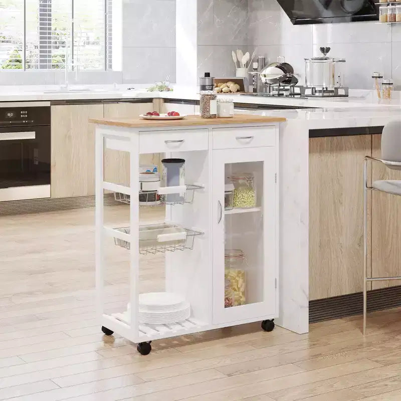 HOMCOM Chariot de cuisine roulant 28 po, desserte, armoire de rangement, plateau en bambou, panier en fil métallique, armoire à porte et tiroirs, blanc