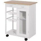 HOMCOM Chariot de cuisine roulant 28 po, desserte, armoire de rangement, plateau en bambou, panier en fil métallique, armoire à porte et tiroirs, blanc