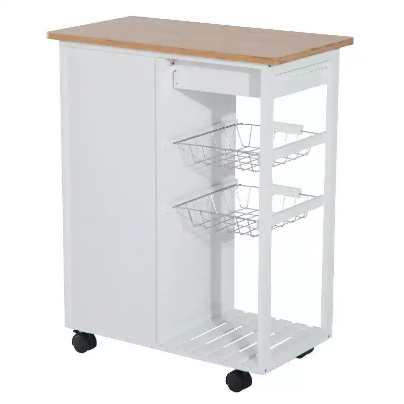HOMCOM Chariot de cuisine roulant 28 po, desserte, armoire de rangement, plateau en bambou, panier en fil métallique, armoire à porte et tiroirs, blanc