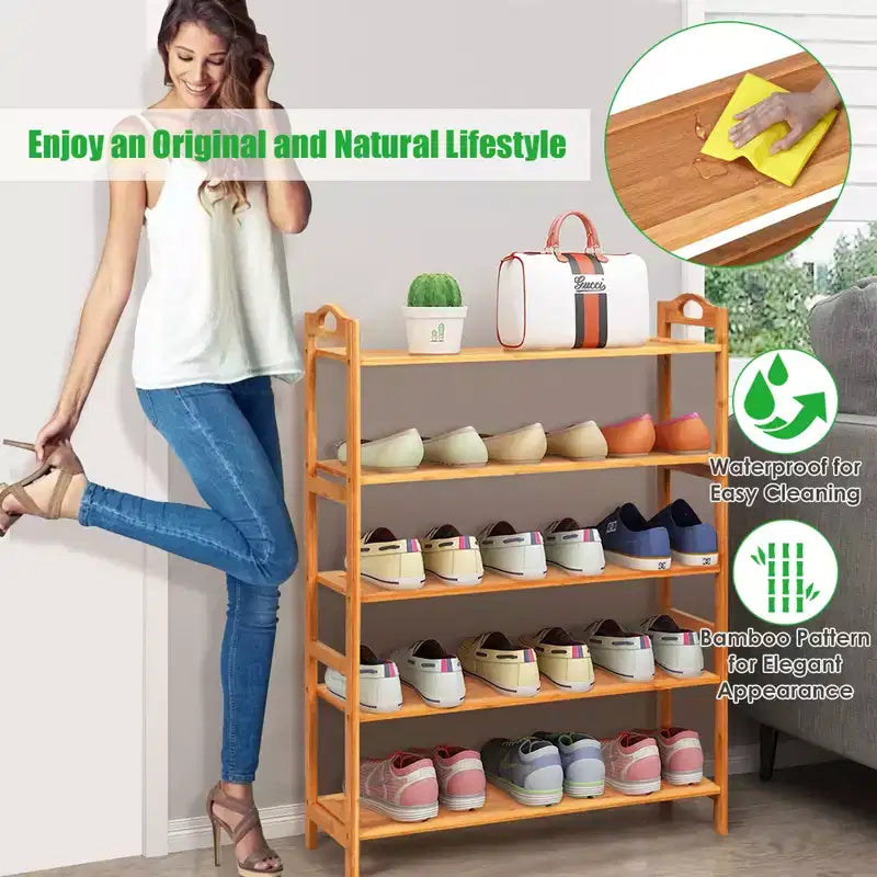 Costway Étagère à Chaussures 5 Niveaux en Bambou, Meuble de Rangement Autonome pour Chaussures d'Entrée