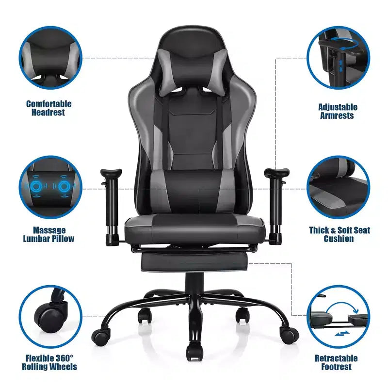 Chaise de bureau de jeu Costway Racing à dossier haut avec repose-pieds noir
