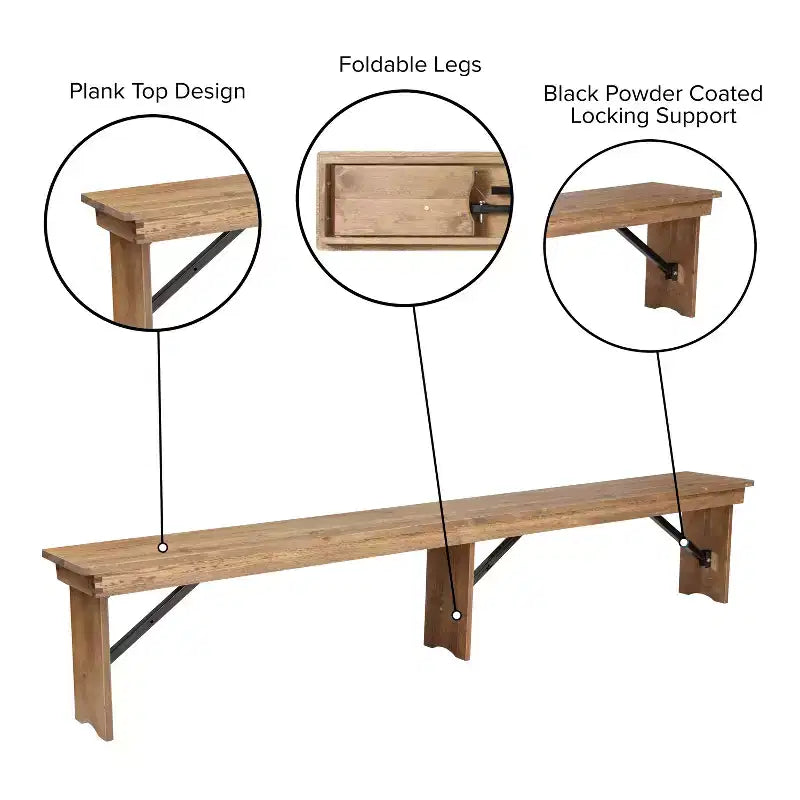 Banc de ferme pliable Emma et Oliver 8' x 12 en pin massif antique et rustique - Banc portable