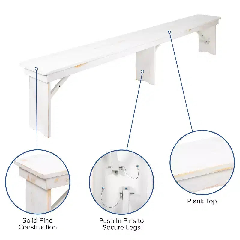 Banc de ferme pliable Emma et Oliver 8' x 12 en pin massif antique et rustique - Banc portable