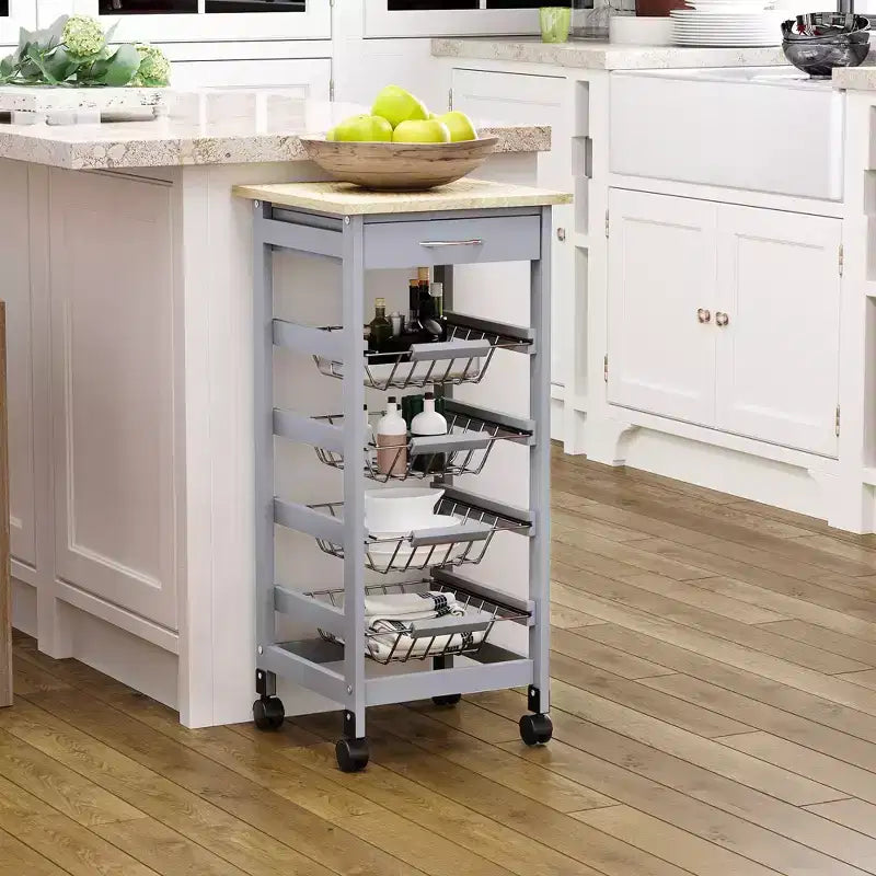 Desserte de cuisine roulante en bois HOMCOM 32,25 po, îlot de cuisine avec tiroir de rangement et paniers sur roulettes pivotantes à 360°