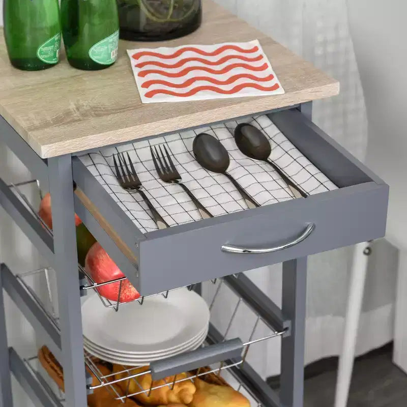 Desserte de cuisine roulante en bois HOMCOM 32,25 po, îlot de cuisine avec tiroir de rangement et paniers sur roulettes pivotantes à 360°
