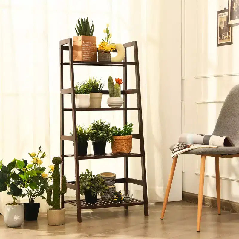 Costway Étagère murale en bambou à 4 niveaux, support de présentation de plantes, étagère à livres, marron foncé