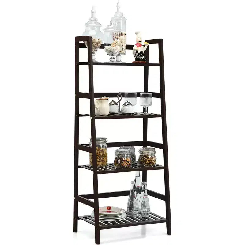Costway Étagère murale en bambou à 4 niveaux, support de présentation de plantes, étagère à livres, marron foncé
