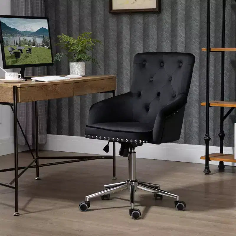 Chaise de bureau à dossier mi-hauteur HOMCOM avec dossier en velours capitonné, garniture cloutée, chaise de bureau pivotante avec hauteur réglable, accoudoirs rembourrés, noir