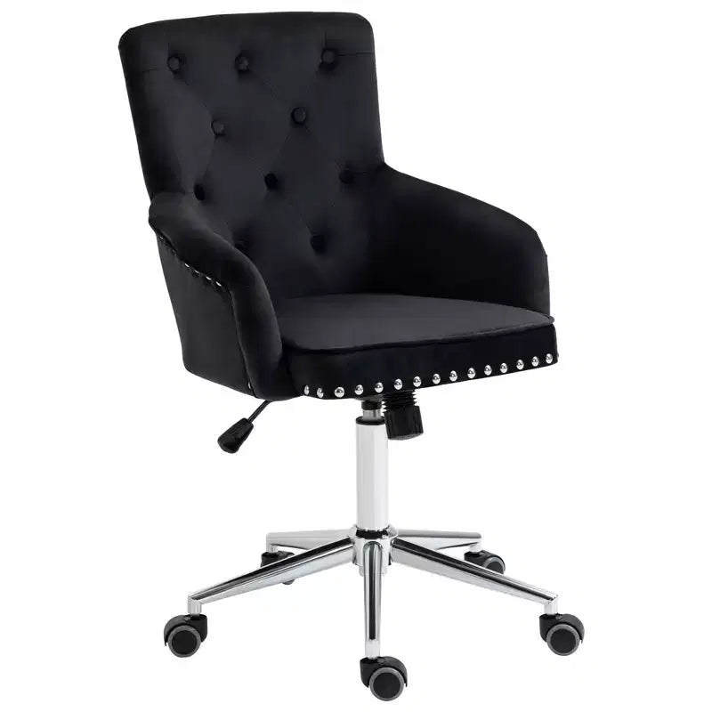 Chaise de bureau à dossier mi-hauteur HOMCOM avec dossier en velours capitonné, garniture cloutée, chaise de bureau pivotante avec hauteur réglable, accoudoirs rembourrés, noir