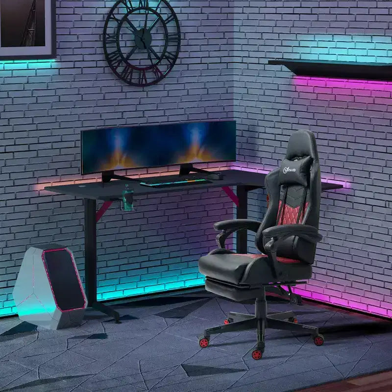 Chaise de Bureau Gamer Vinsetto Racing Gaming Chair en Cuir PU, avec Repose-Pieds, Support Lombaire et Hauteur Réglable