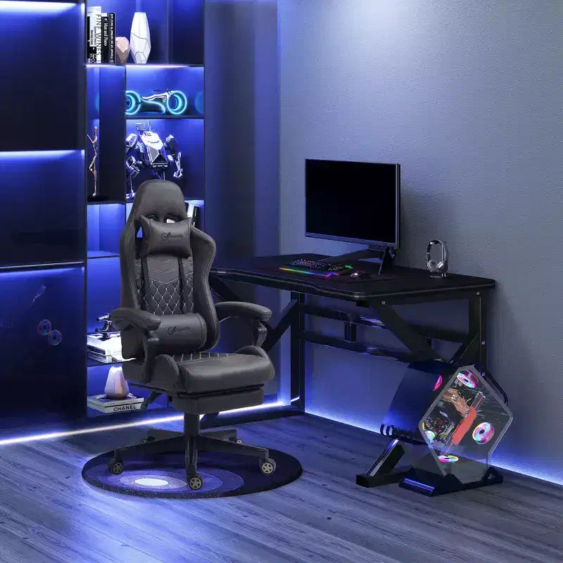 Chaise de Bureau Gamer Vinsetto Racing Gaming Chair en Cuir PU, avec Repose-Pieds, Support Lombaire et Hauteur Réglable