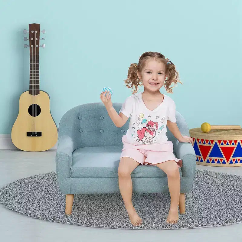 Canapé 2 places pour enfants Qaba en tissu de lin et cadre en bois pour enfants et tout-petards âgés de 3 à 7 ans, siège de 28 cm de haut