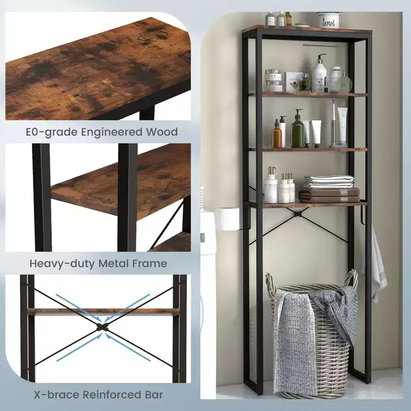 Étagère de Rangement 4 Niveaux Costway pour Salle de Bain Au-Dessus des Toilettes, Organisateur Autonome Marron Rustique