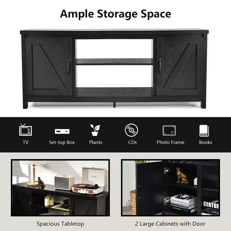 Meuble TV Costway 150 cm avec console média et armoire de rangement pour téléviseur 65", coloris naturel/noir/café