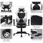 Chaise de Massage Gaming Costway Fauteuil de Bureau Inclinable avec Repose-pied Blanc