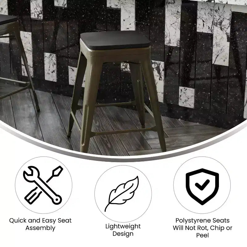 Flash Furniture Cierra, ensemble de 4 tabourets de bar en métal sans dossier de 61 cm de hauteur, de qualité commerciale, pour l'intérieur, avec sièges en résine polyvalente tout temps