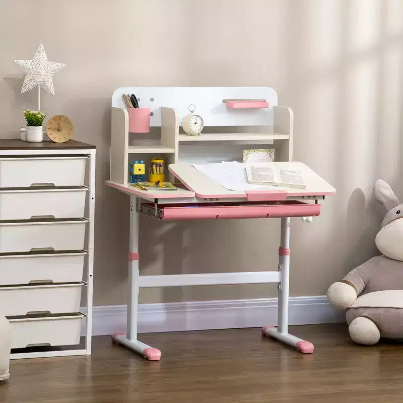 Bureau d'enfant Qaba, table d'étude scolaire réglable en hauteur pour enfants, bureau d'écriture pour étudiant avec plateau inclinable, tiroir, étagère de rangement, porte-stylo