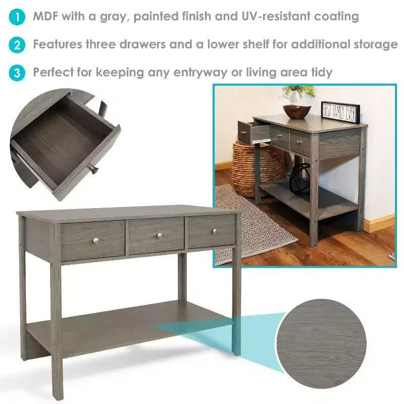Sunnydaze – Console d'entrée d'intérieur en MDF avec 3 tiroirs – 76 cm H – Gris tonnerre
