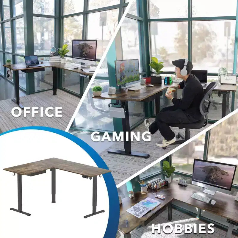 Mount-It! Grand bureau d'angle électrique réglable en hauteur, bureau assis-debout automatique avec réglage en hauteur ergonomique et fluide de 71,9 à 118,1 cm, marron