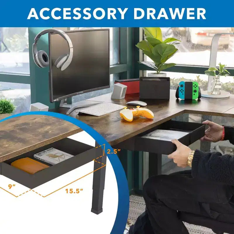 Mount-It! Grand bureau d'angle électrique réglable en hauteur, bureau assis-debout automatique avec réglage en hauteur ergonomique et fluide de 71,9 à 118,1 cm, marron