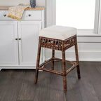 Tabouret de bar sans dossier JONATHAN Y Bali Bohemian Basics, coussin blanc avec cadre tressé marron foncé