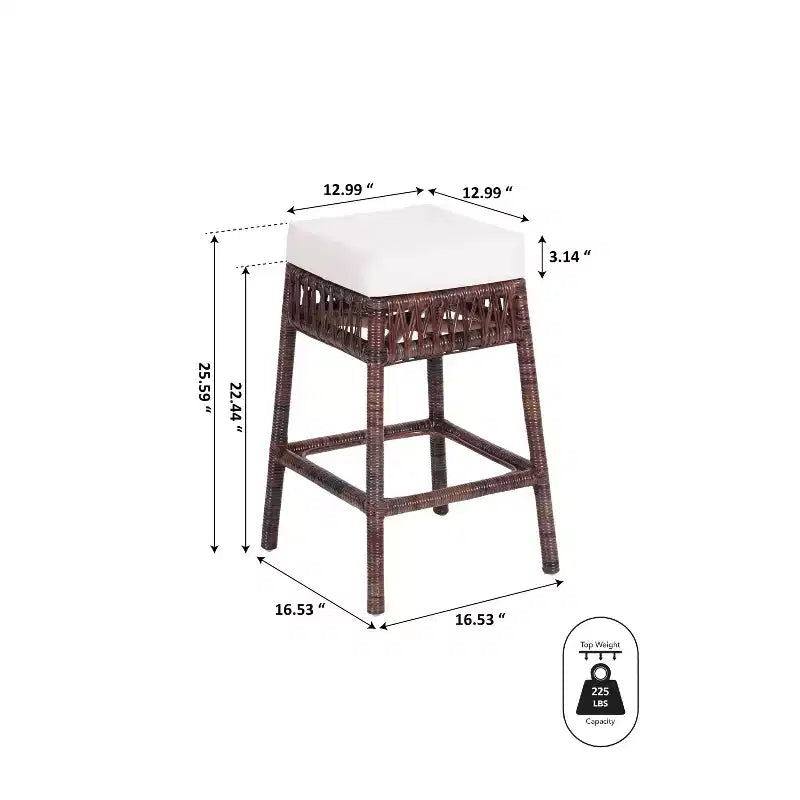 Tabouret de bar sans dossier JONATHAN Y Bali Bohemian Basics, coussin blanc avec cadre tressé marron foncé