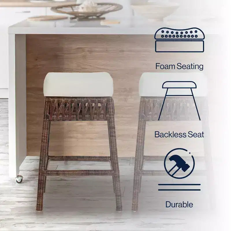 Tabouret de bar sans dossier JONATHAN Y Bali Bohemian Basics, coussin blanc avec cadre tressé marron foncé