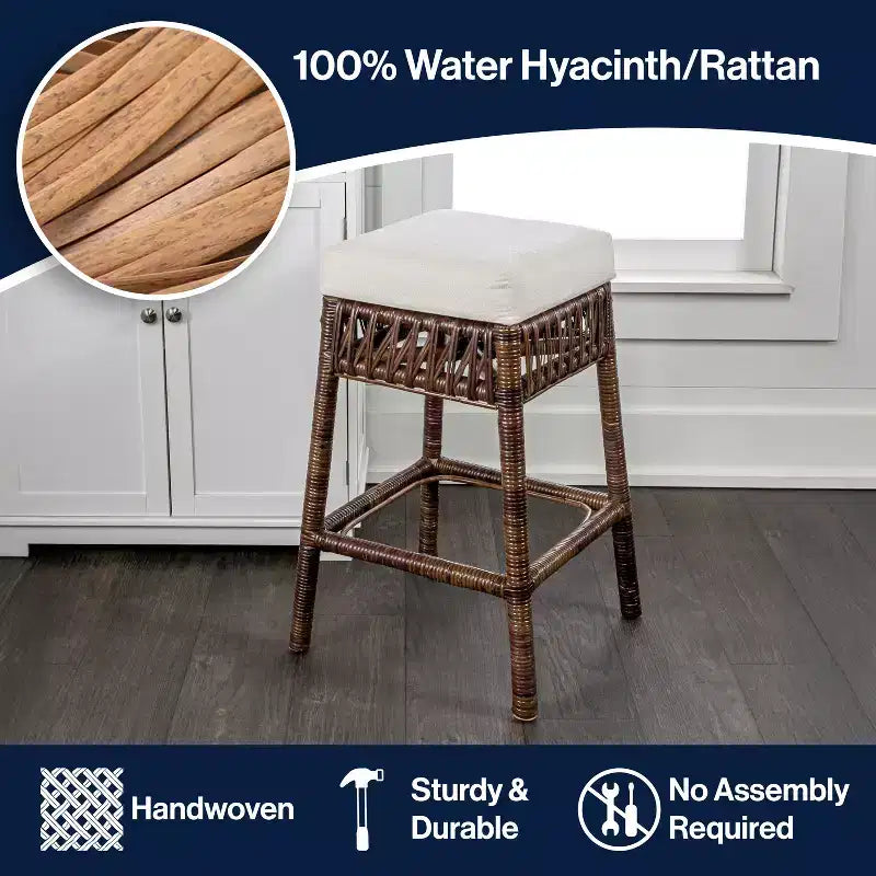 Tabouret de bar sans dossier JONATHAN Y Bali Bohemian Basics, coussin blanc avec cadre tressé marron foncé