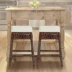 Tabouret de bar sans dossier JONATHAN Y Bali Bohemian Basics, coussin blanc avec cadre tressé marron foncé