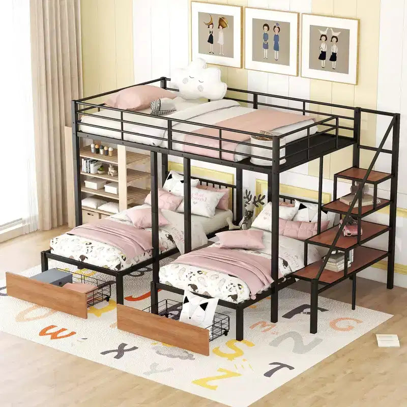 Full over Twin-Twin Triple Bunk Bed with Drawers and Staircase - ModernLuxe