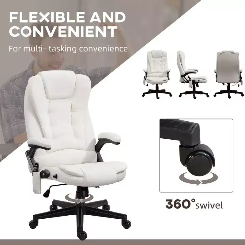 HOMCOM Fauteuil de Bureau de Massage Vibratoire à 6 Points Chauffant, Fauteuil de Bureau de Direction à Dossier Haut en Velours avec Dossier Inclinable, Accoudoirs