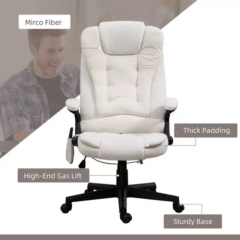 HOMCOM Fauteuil de Bureau de Massage Vibratoire à 6 Points Chauffant, Fauteuil de Bureau de Direction à Dossier Haut en Velours avec Dossier Inclinable, Accoudoirs