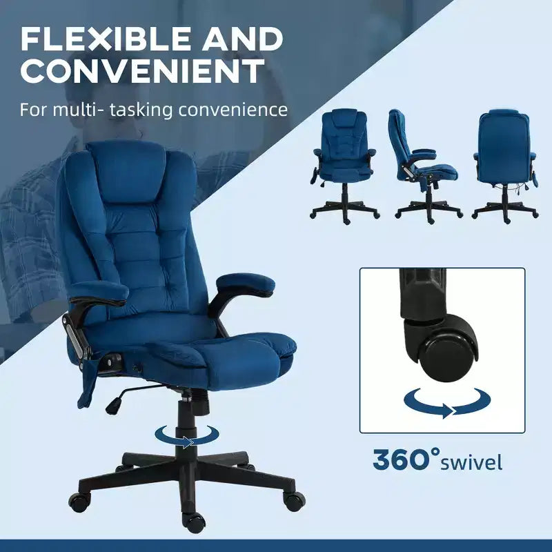 HOMCOM Fauteuil de Bureau de Massage Vibratoire à 6 Points Chauffant, Fauteuil de Bureau de Direction à Dossier Haut en Velours avec Dossier Inclinable, Accoudoirs