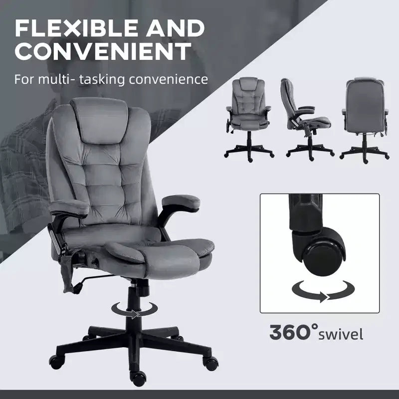 HOMCOM Fauteuil de Bureau de Massage Vibratoire à 6 Points Chauffant, Fauteuil de Bureau de Direction à Dossier Haut en Velours avec Dossier Inclinable, Accoudoirs
