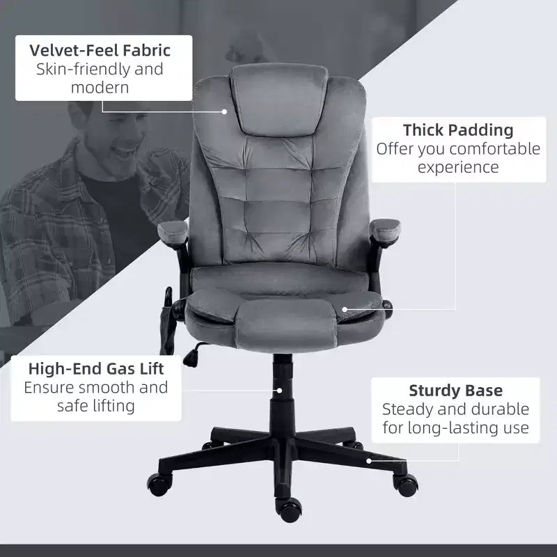 HOMCOM Fauteuil de Bureau de Massage Vibratoire à 6 Points Chauffant, Fauteuil de Bureau de Direction à Dossier Haut en Velours avec Dossier Inclinable, Accoudoirs