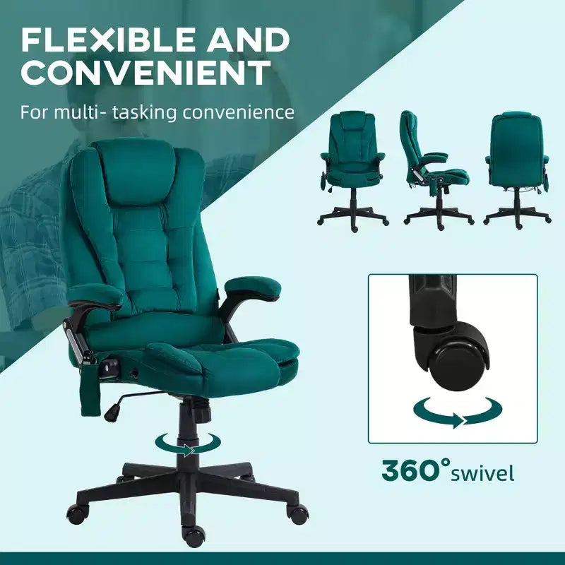 HOMCOM Fauteuil de Bureau de Massage Vibratoire à 6 Points Chauffant, Fauteuil de Bureau de Direction à Dossier Haut en Velours avec Dossier Inclinable, Accoudoirs