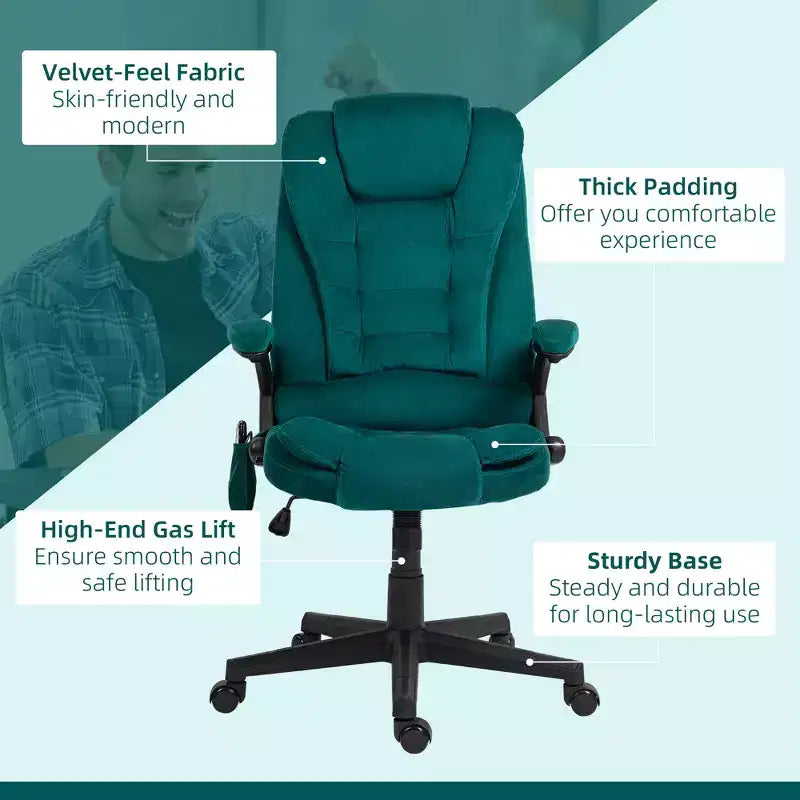 HOMCOM Fauteuil de Bureau de Massage Vibratoire à 6 Points Chauffant, Fauteuil de Bureau de Direction à Dossier Haut en Velours avec Dossier Inclinable, Accoudoirs