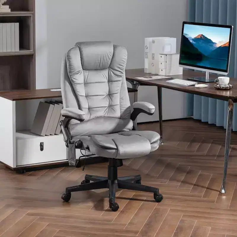 HOMCOM Fauteuil de Bureau de Massage Vibratoire à 6 Points Chauffant, Fauteuil de Bureau de Direction à Dossier Haut en Velours avec Dossier Inclinable, Accoudoirs