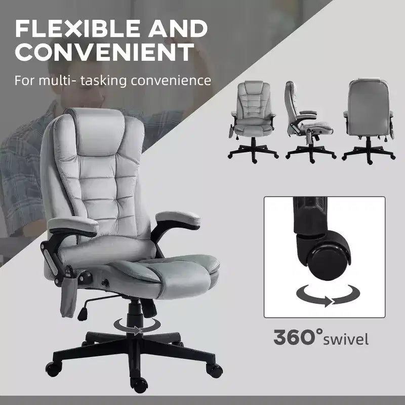 HOMCOM Fauteuil de Bureau de Massage Vibratoire à 6 Points Chauffant, Fauteuil de Bureau de Direction à Dossier Haut en Velours avec Dossier Inclinable, Accoudoirs