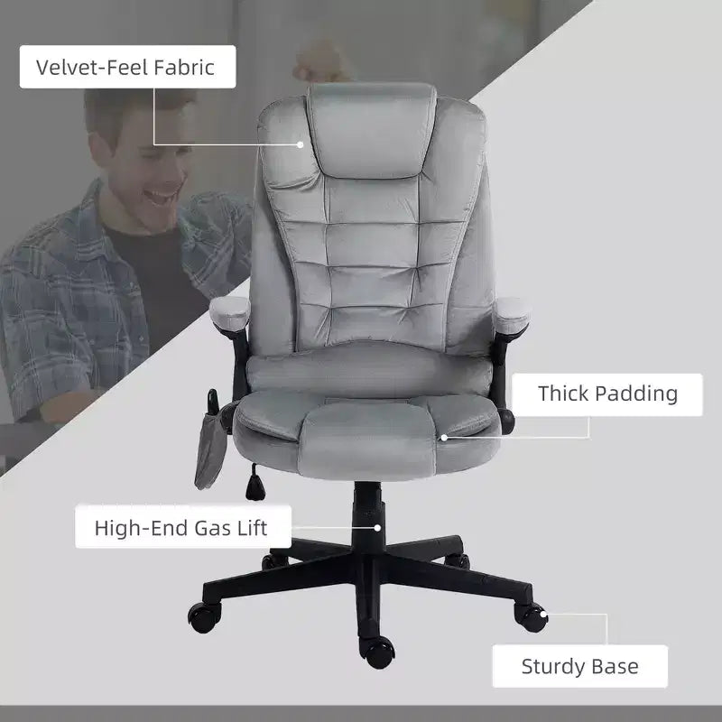 HOMCOM Fauteuil de Bureau de Massage Vibratoire à 6 Points Chauffant, Fauteuil de Bureau de Direction à Dossier Haut en Velours avec Dossier Inclinable, Accoudoirs